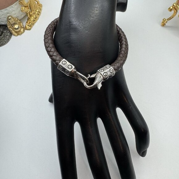 Vintage Sterling Silver 925 Braided Leather Bracelet Brown Southwestern Rare - Picture 4 of 9